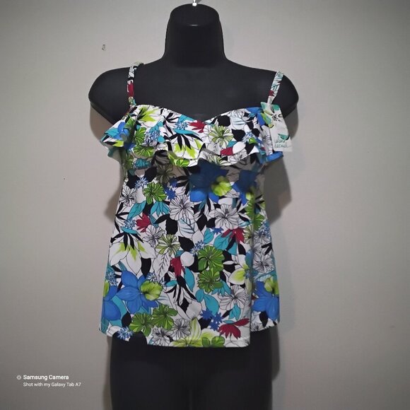 Island Escape White Floral Flouncy Tankini Top Adjustable Straps Various Sizes - Picture 1 of 4